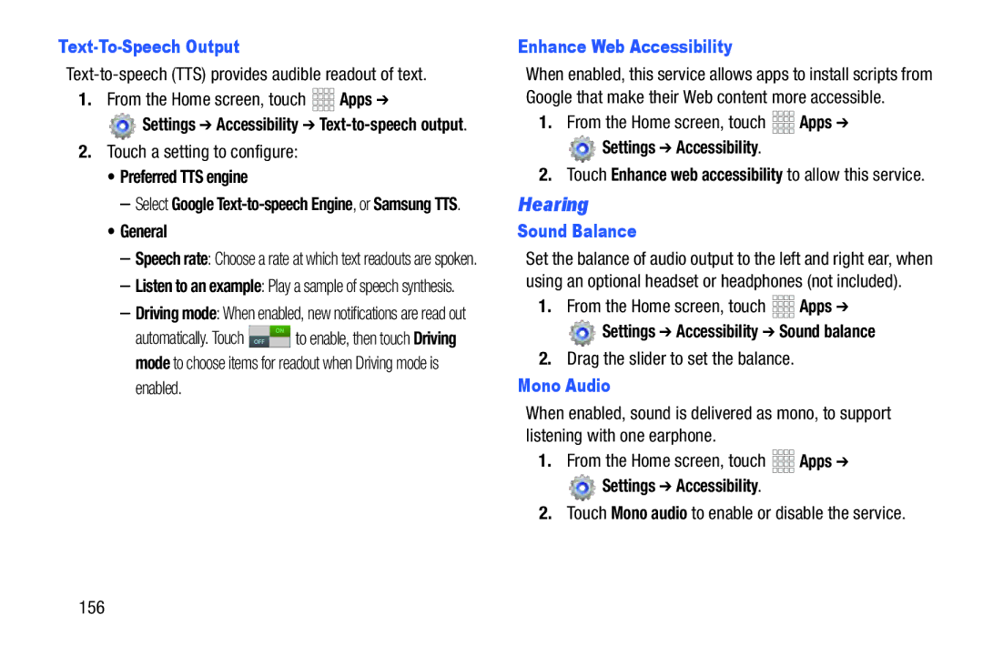 Samsung SCHI925EAAVZW, SCH-I925EAAVZW, GH68_37970A user manual Hearing, Enhance Web Accessibility, Sound Balance, Mono Audio 