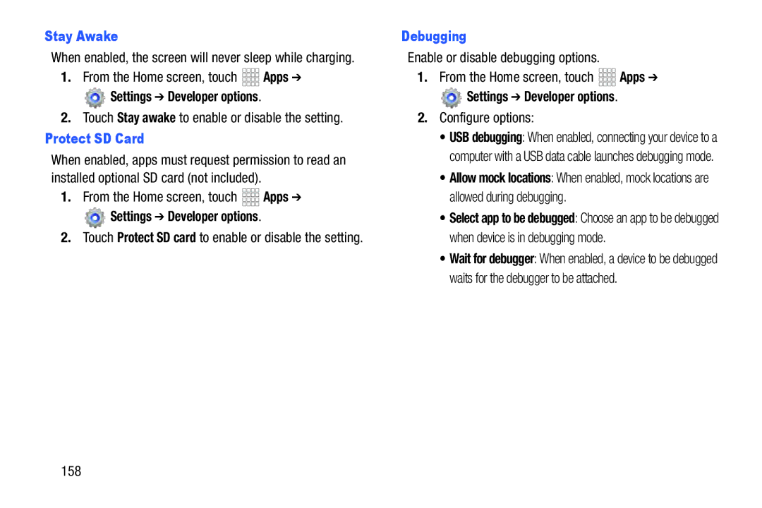 Samsung GH68_37970A, SCHI925EAAVZW, SCH-I925EAAVZW user manual Stay Awake, Protect SD Card, Debugging, Configure options, 158 