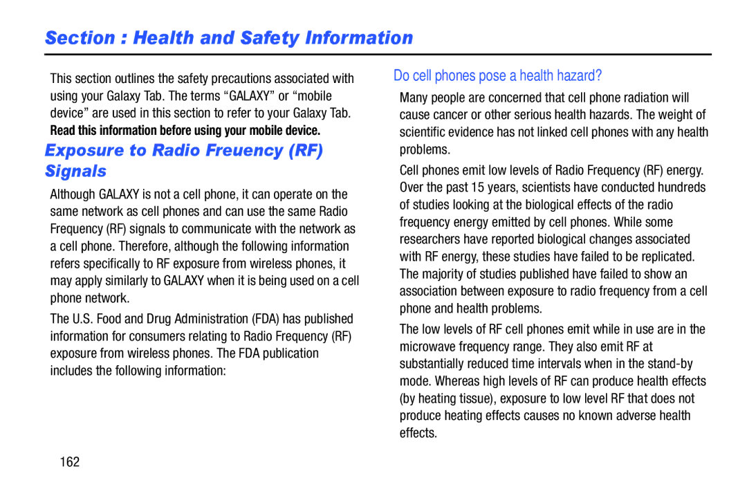 Samsung SCHI925EAAVZW, SCH-I925EAAVZW Exposure to Radio Frequency RF Signals, Do cell phones pose a health hazard?, 162 