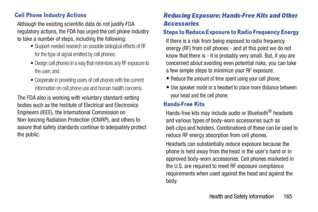 Samsung SCHI925EAAVZW user manual Reducing Exposure Hands-Free Kits and Other Accessories, Cell Phone Industry Actions, 165 