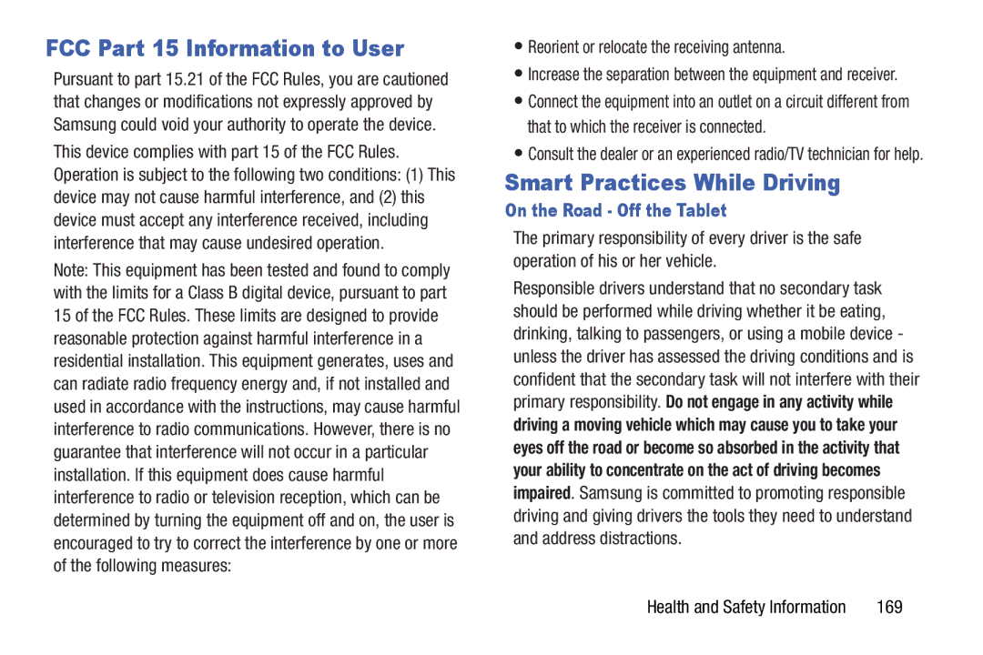 Samsung SCH-I925EAAVZW FCC Part 15 Information to User, Smart Practices While Driving, On the Road Off the Tablet, 169 