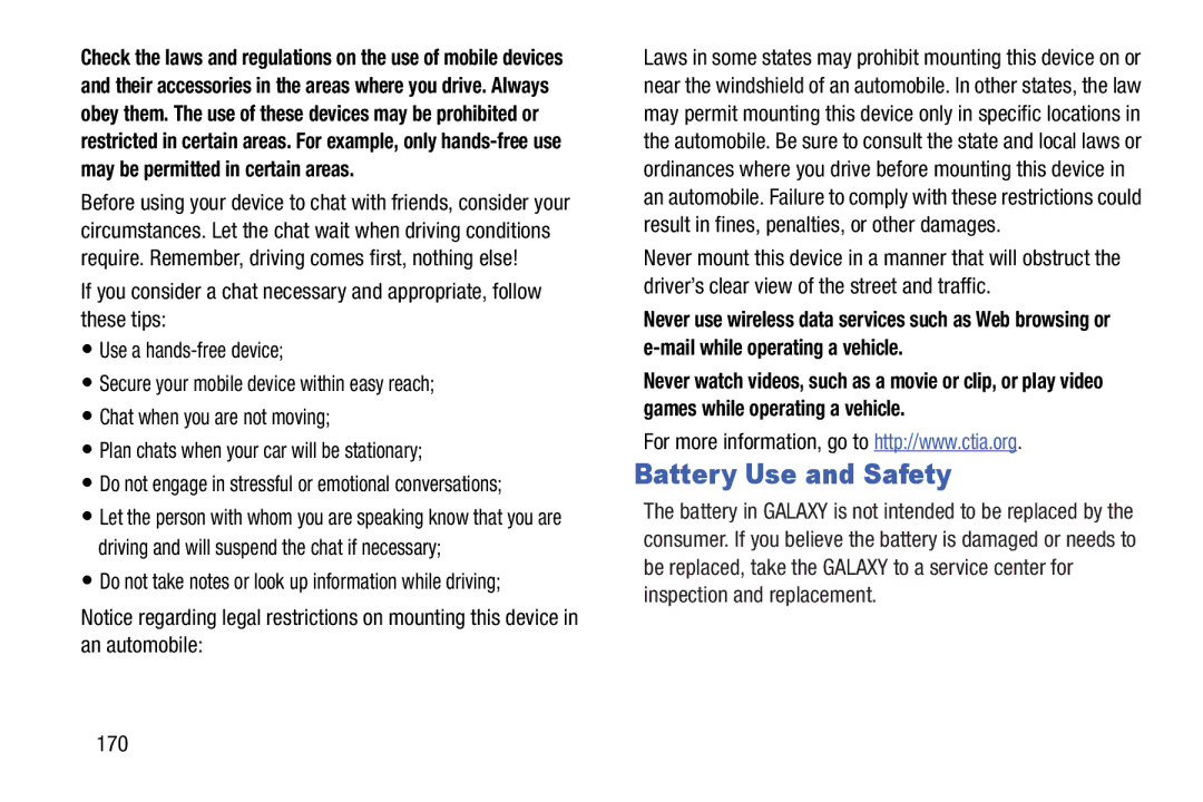 Samsung GH68_37970A, SCHI925EAAVZW, SCH-I925EAAVZW user manual Battery Use and Safety, 170 