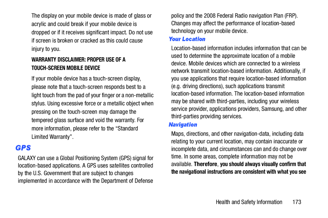 Samsung GH68_37970A, SCHI925EAAVZW, SCH-I925EAAVZW user manual Your Location, Navigation, 173 