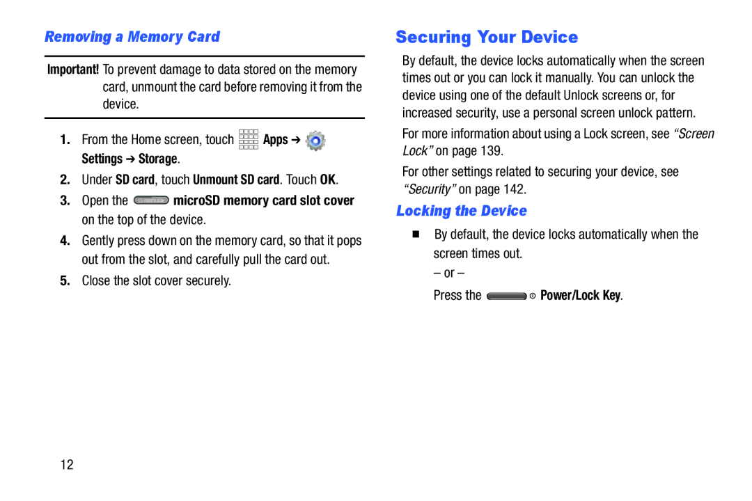 Samsung SCHI925EAAVZW, SCH-I925EAAVZW, GH68_37970A Securing Your Device, Removing a Memory Card, Locking the Device 