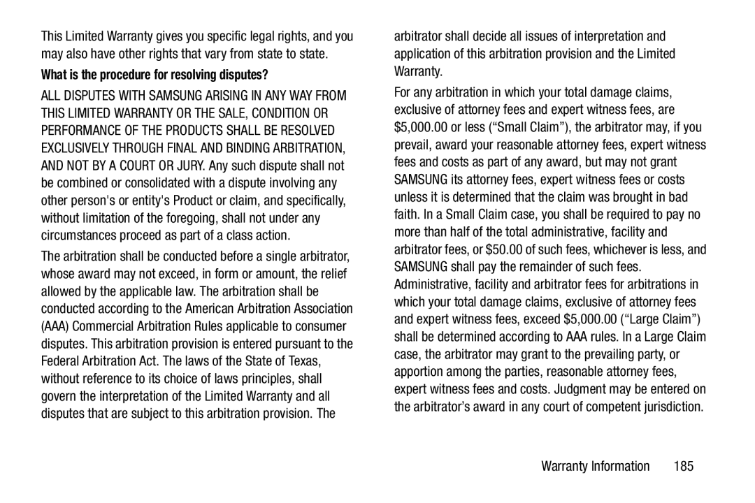 Samsung GH68_37970A, SCHI925EAAVZW, SCH-I925EAAVZW user manual What is the procedure for resolving disputes?, 185 