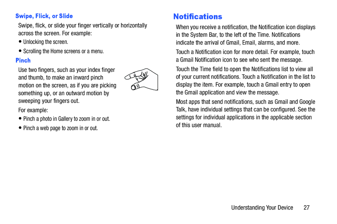 Samsung SCHI925EAAVZW, SCH-I925EAAVZW, GH68_37970A user manual Notifications, Swipe, Flick, or Slide, Pinch 