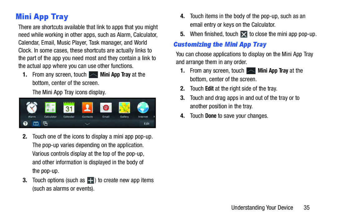 Samsung GH68_37970A, SCHI925EAAVZW, SCH-I925EAAVZW user manual Customizing the Mini App Tray 