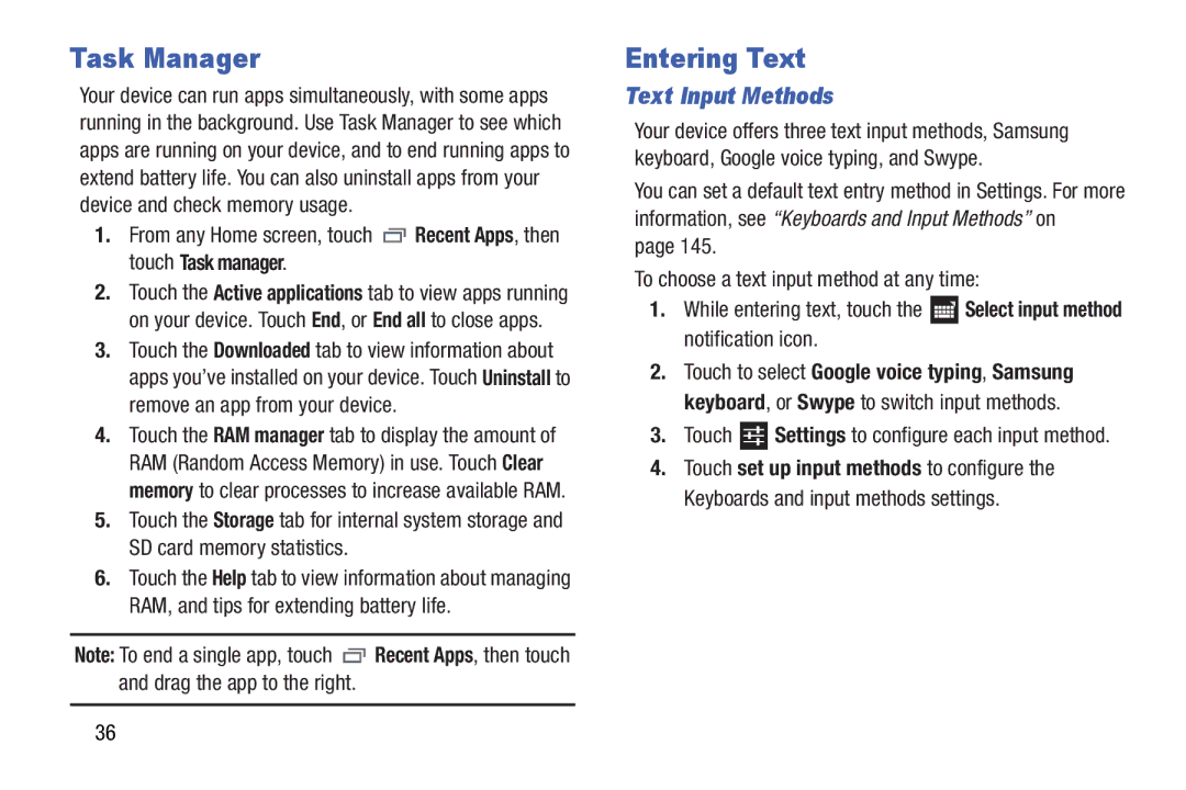 Samsung SCHI925EAAVZW, SCH-I925EAAVZW, GH68_37970A user manual Task Manager, Entering Text, Text Input Methods 