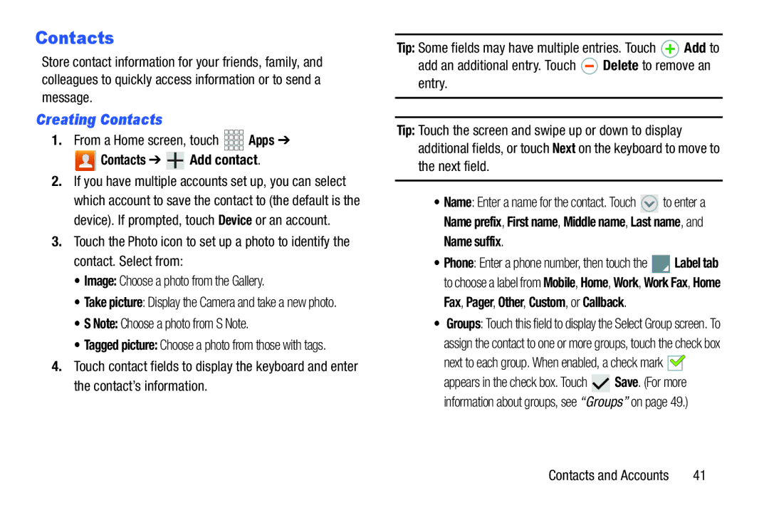 Samsung GH68_37970A, SCHI925EAAVZW user manual Creating Contacts, From a Home screen, touch Apps, Contacts Add contact 