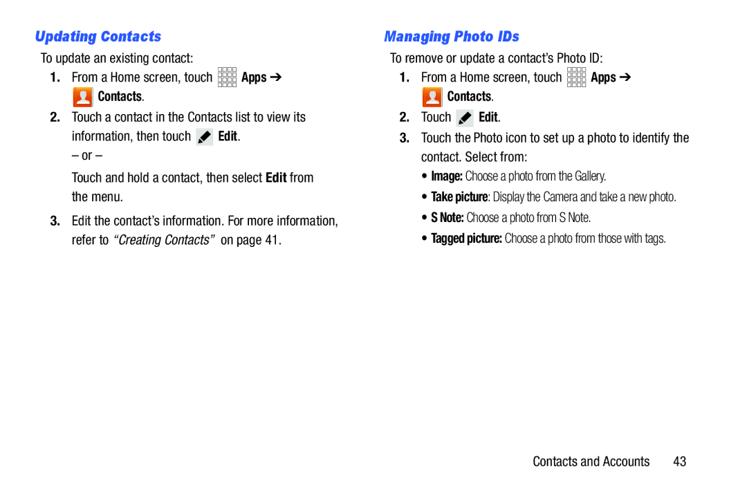 Samsung SCH-I925EAAVZW, SCHI925EAAVZW, GH68_37970A user manual Updating Contacts, Managing Photo IDs 