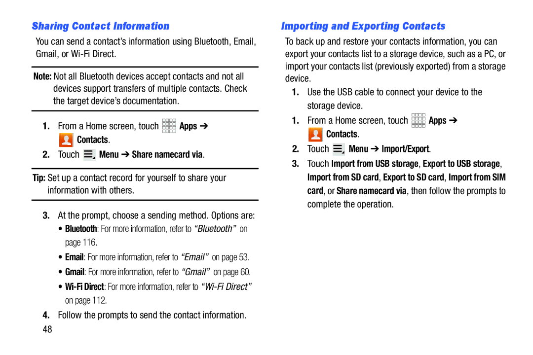 Samsung SCHI925EAAVZW Sharing Contact Information, Importing and Exporting Contacts, Contacts Touch Menu Import/Export 