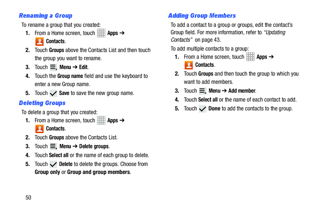 Samsung GH68_37970A, SCHI925EAAVZW, SCH-I925EAAVZW user manual Renaming a Group, Deleting Groups, Adding Group Members 