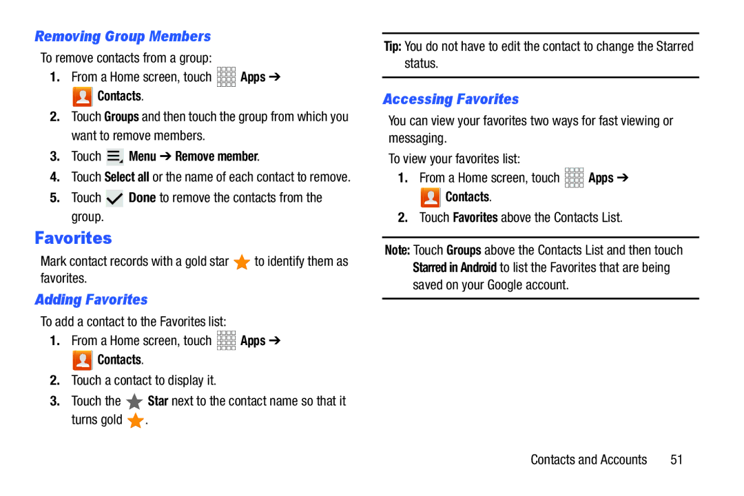 Samsung SCHI925EAAVZW Removing Group Members, Adding Favorites, Accessing Favorites, Touch Menu Remove member 