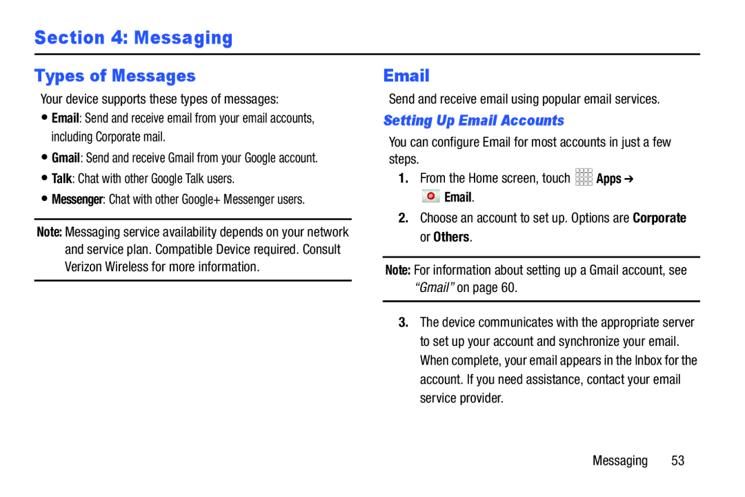 Samsung GH68_37970A Types of Messages, Setting Up Email Accounts, Talk Chat with other Google Talk users, Messaging 