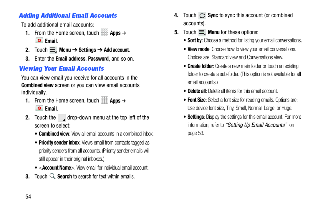 Samsung SCHI925EAAVZW Adding Additional Email Accounts, Viewing Your Email Accounts, Touch Menu Settings Add account 