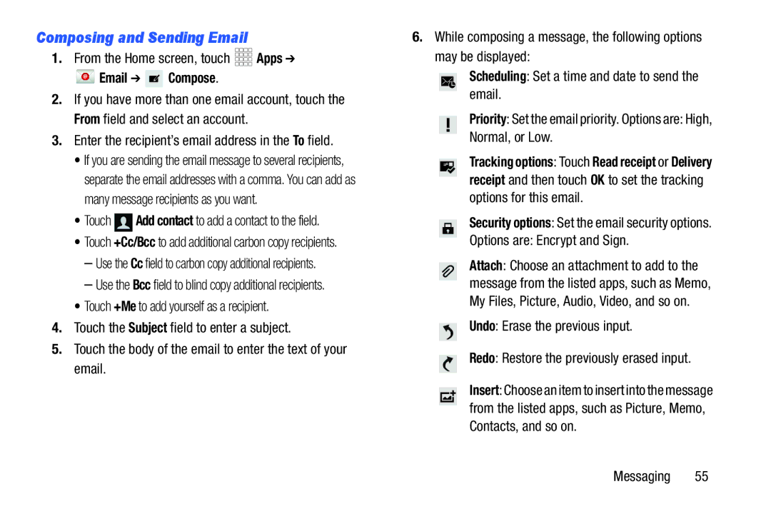 Samsung SCH-I925EAAVZW Composing and Sending Email, Email Compose, Enter the recipient’s email address in the To field 