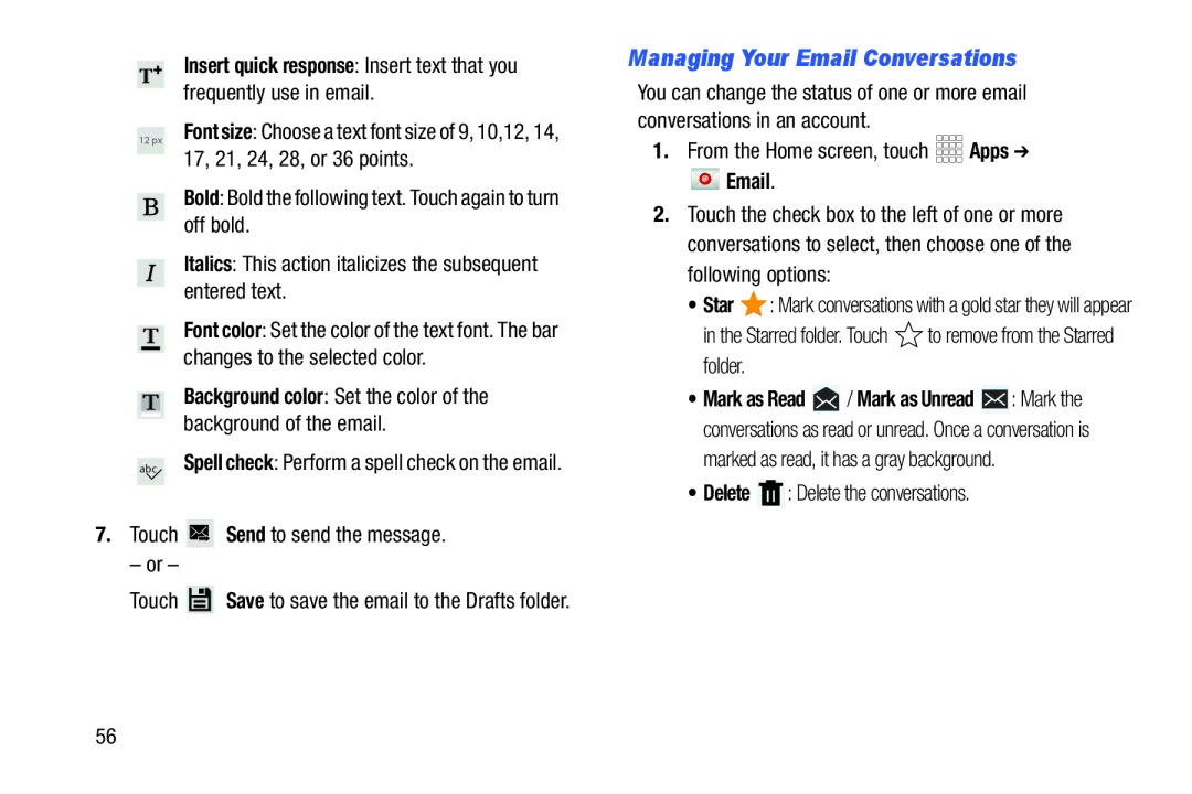 Samsung GH68_37970A Managing Your Email Conversations, Touch Send to send the message, Delete Delete the conversations 