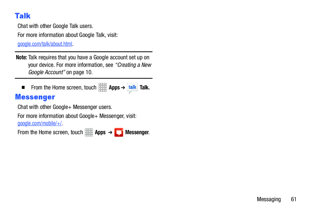 Samsung SCH-I925EAAVZW, SCHI925EAAVZW, GH68_37970A user manual Talk, Messenger 