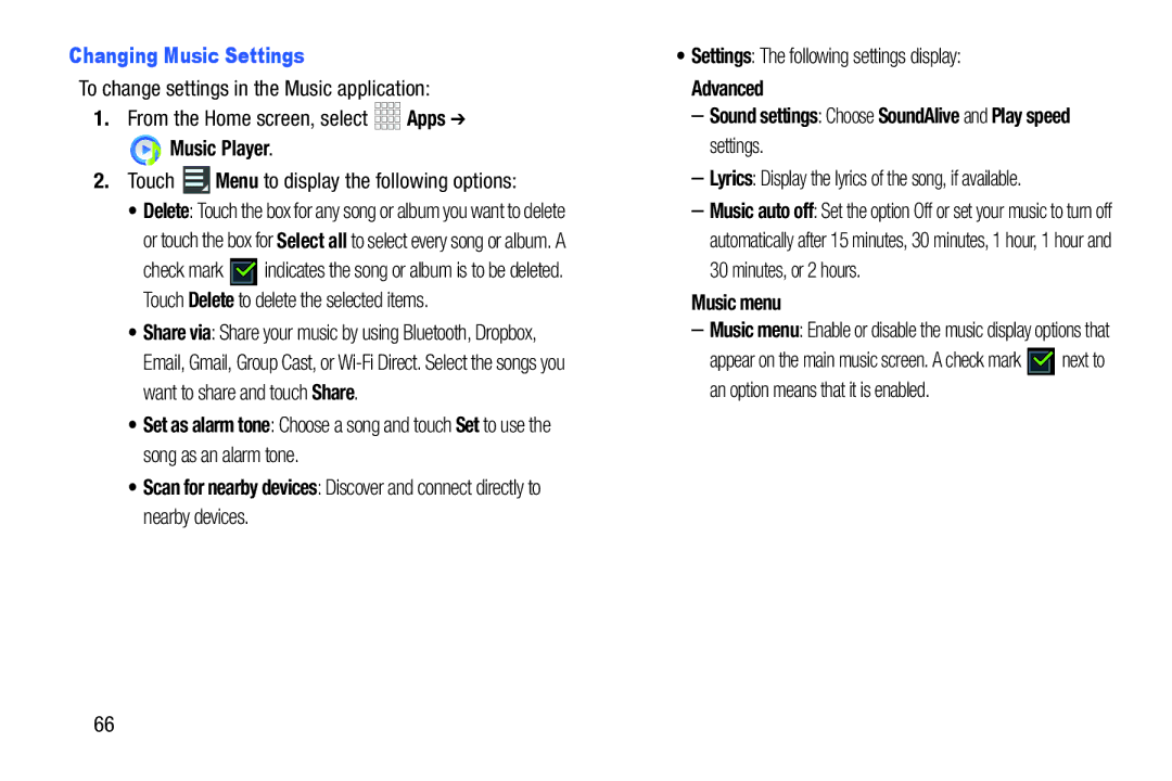 Samsung SCHI925EAAVZW Changing Music Settings, Touch Menu to display the following options, Advanced, Music menu 