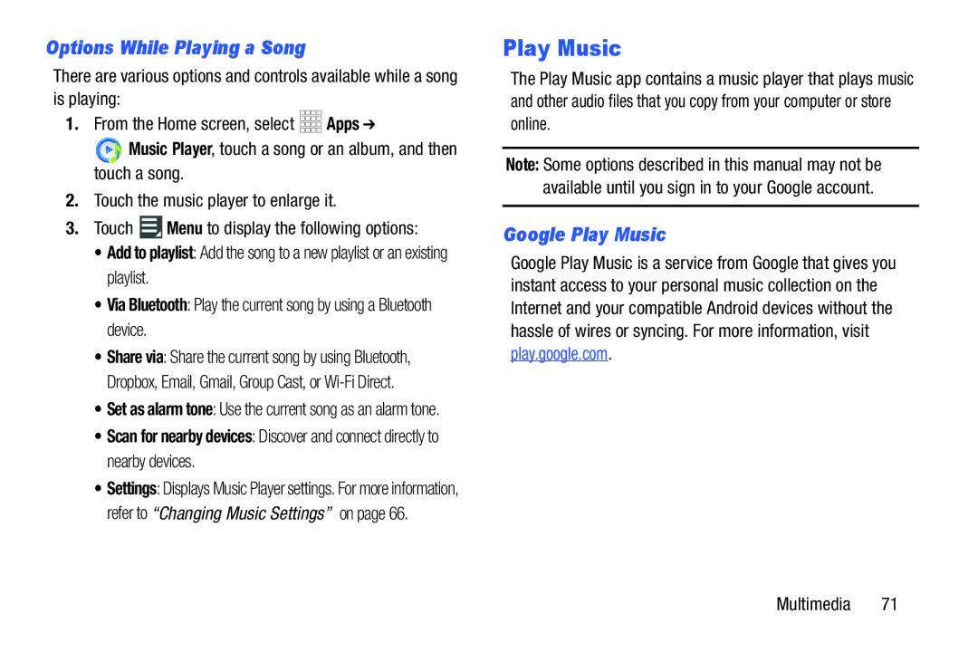 Samsung GH68_37970A, SCHI925EAAVZW, SCH-I925EAAVZW user manual Options While Playing a Song, Google Play Music 