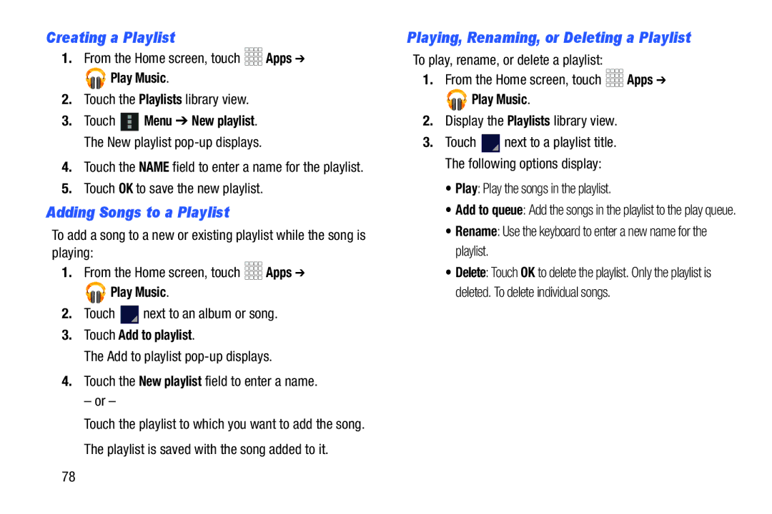 Samsung SCHI925EAAVZW Creating a Playlist, Adding Songs to a Playlist, Playing, Renaming, or Deleting a Playlist 