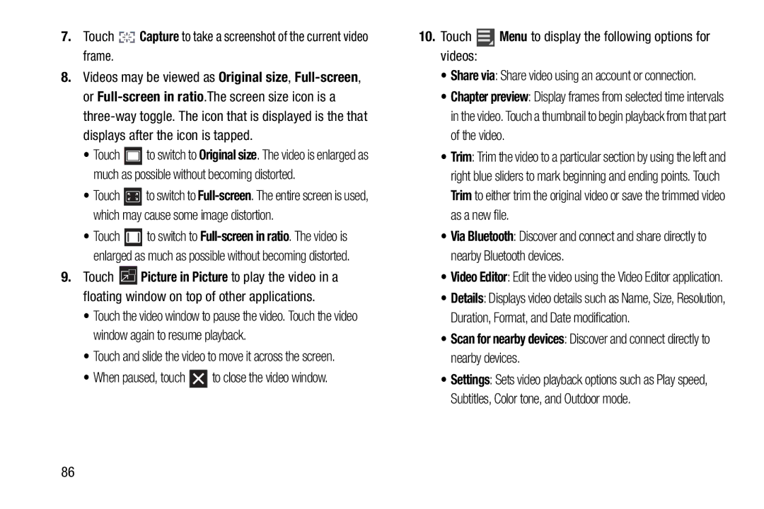 Samsung GH68_37970A, SCHI925EAAVZW, SCH-I925EAAVZW user manual Touch Menu to display the following options for videos 