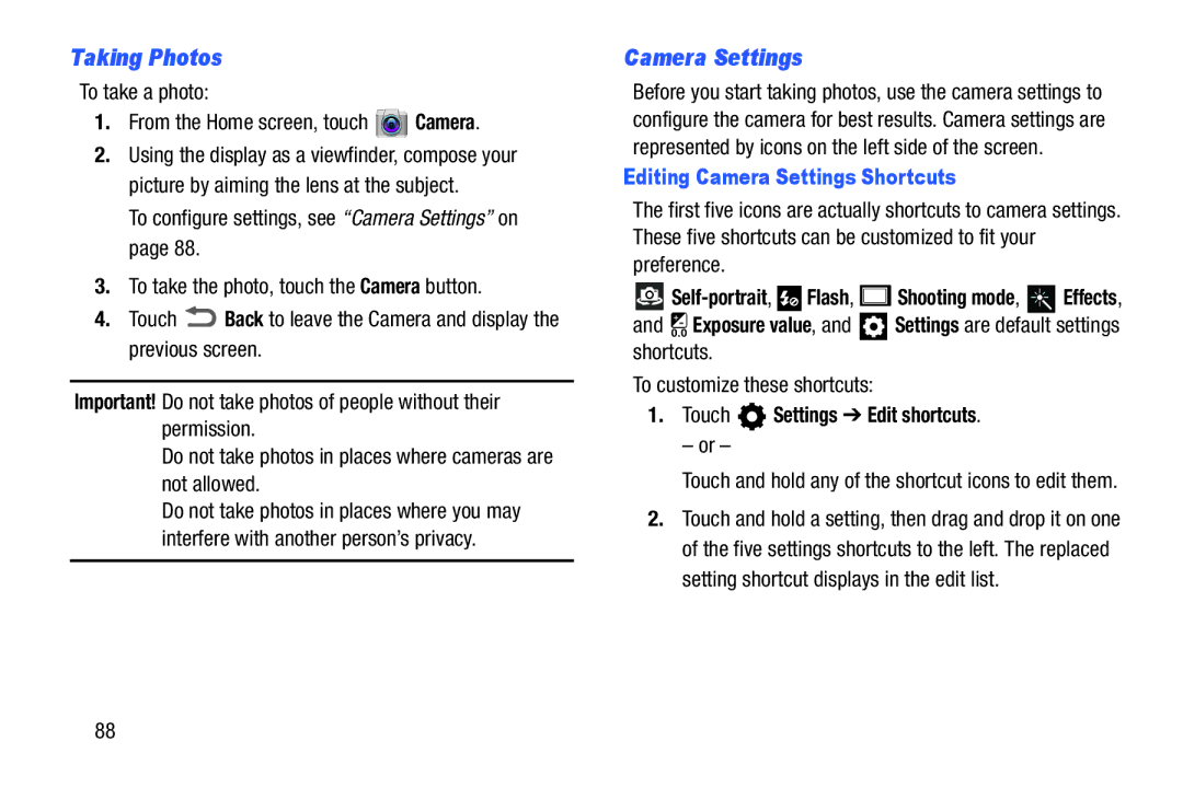 Samsung SCH-I925EAAVZW, SCHI925EAAVZW Taking Photos, Editing Camera Settings Shortcuts, Touch Settings Edit shortcuts 