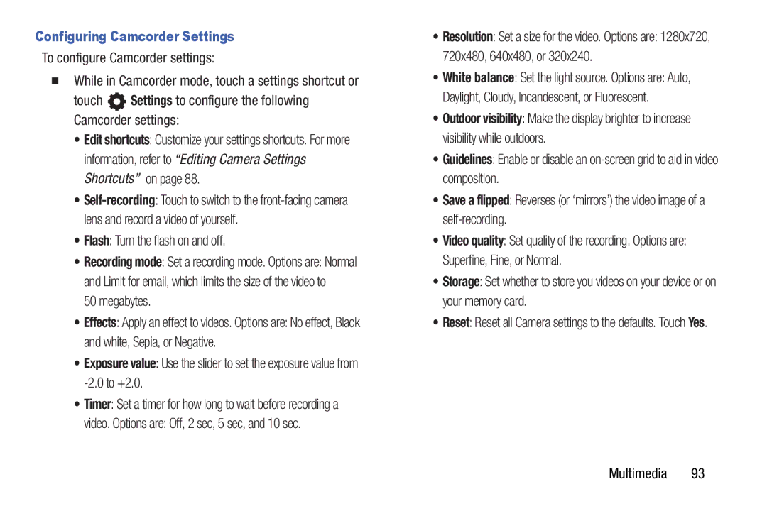 Samsung SCHI925EAAVZW, SCH-I925EAAVZW user manual Configuring Camcorder Settings, Flash Turn the flash on and off, Megabytes 