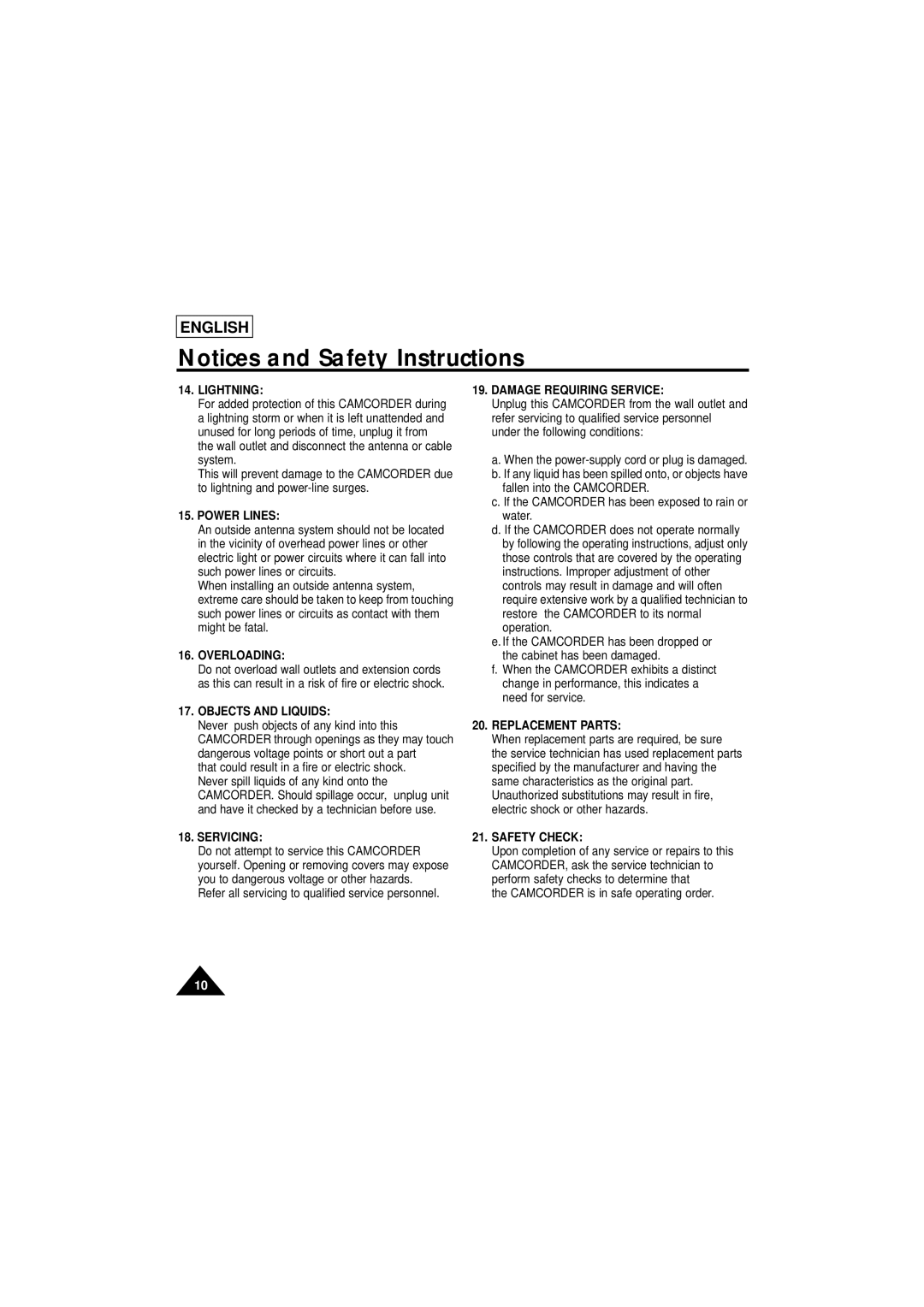 Samsung SCL610 Lightning, Power Lines, Overloading, Objects and Liquids, Servicing, Damage Requiring Service, Safety Check 