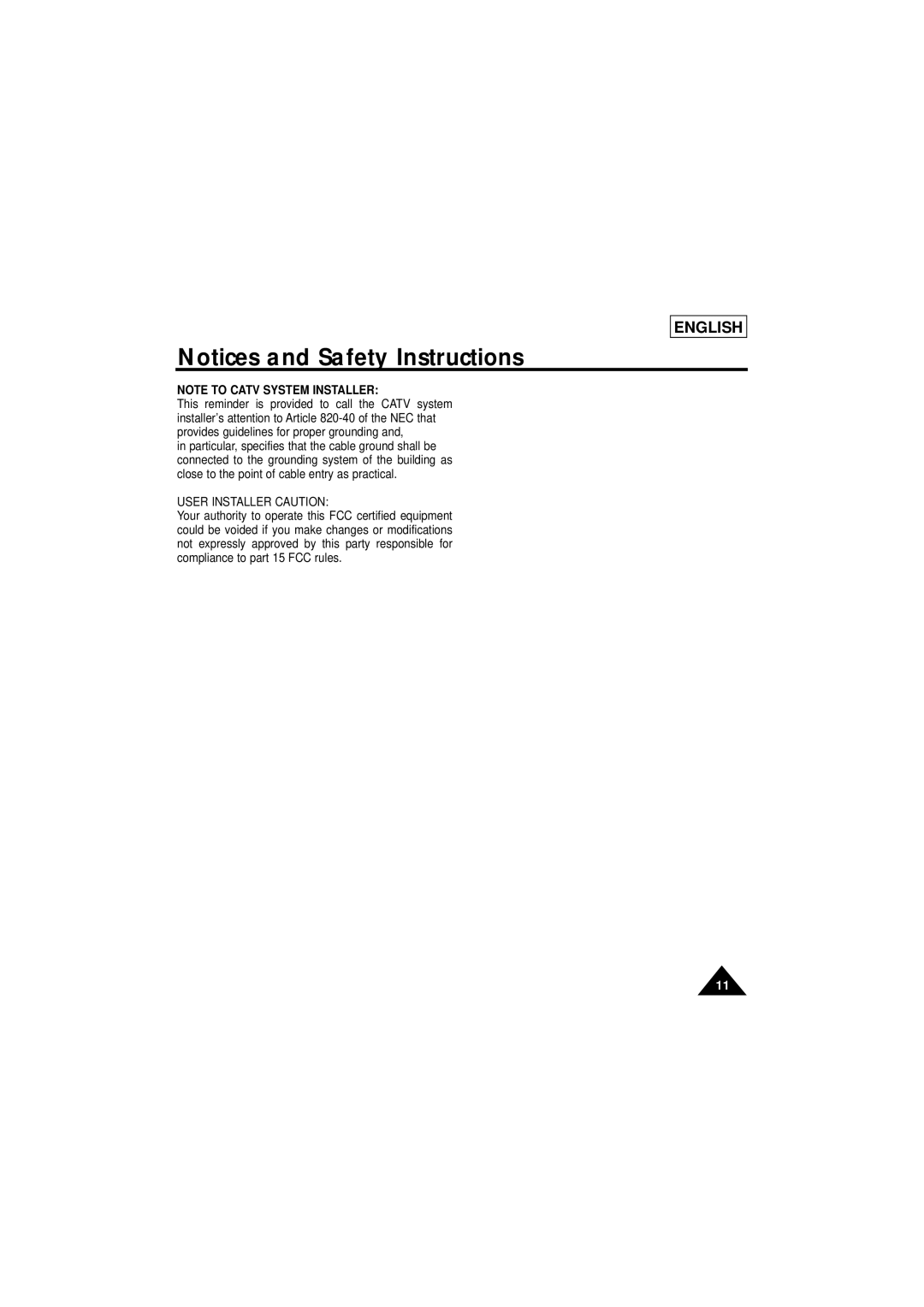 Samsung SCL610 manual User Installer Caution 