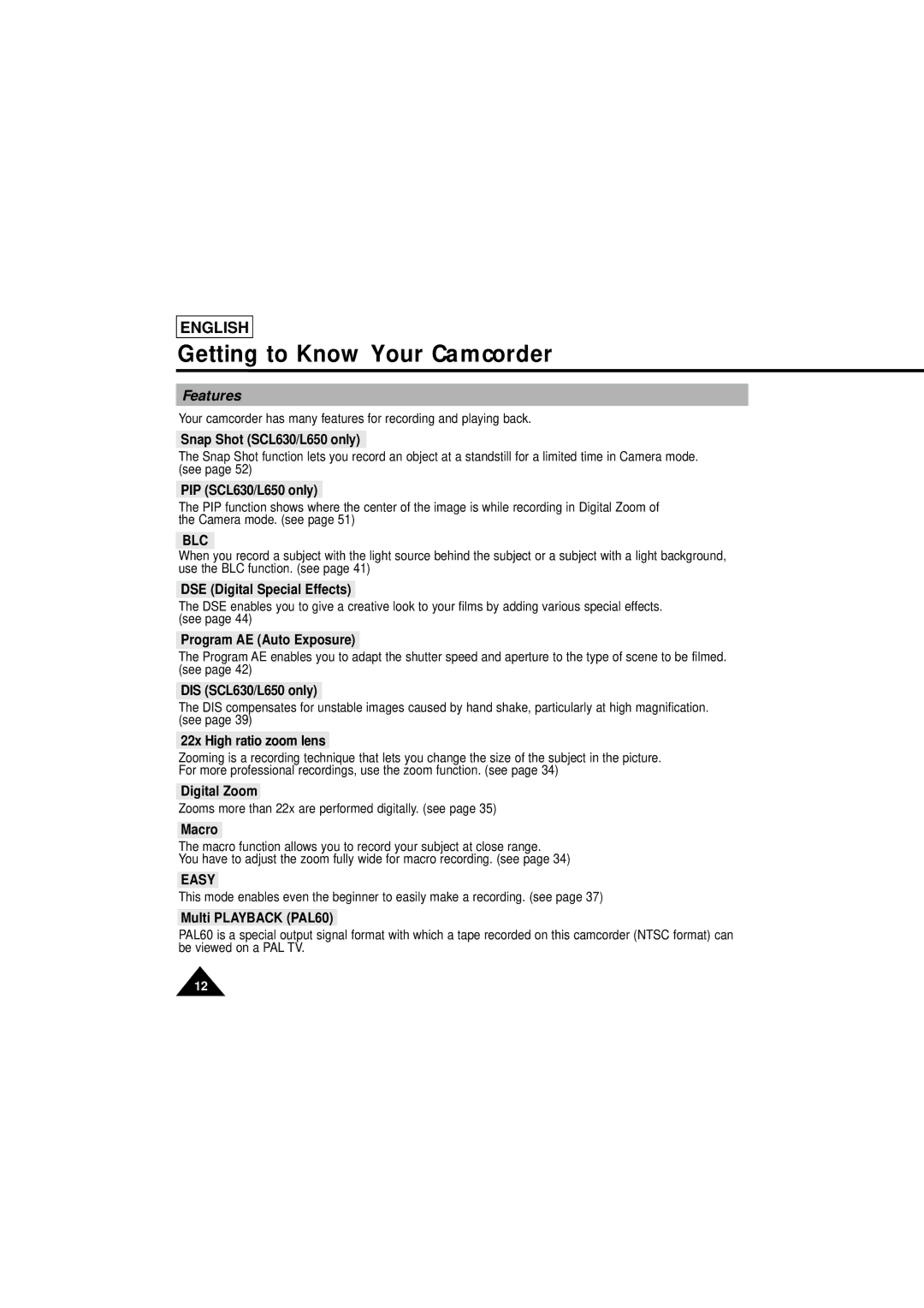 Samsung SCL610 manual Getting to Know Your Camcorder, Features 