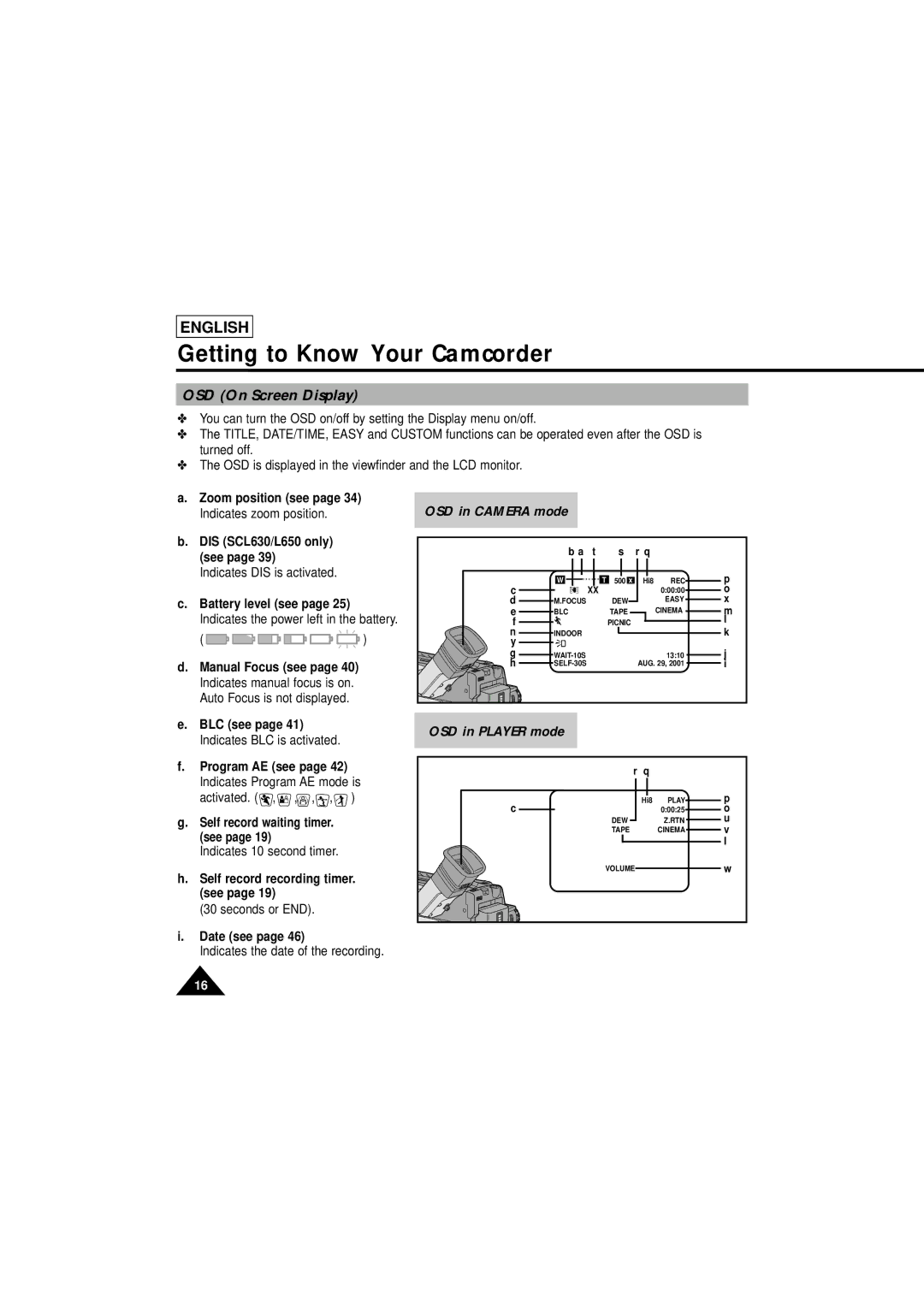 Samsung SCL610 manual OSD On Screen Display 