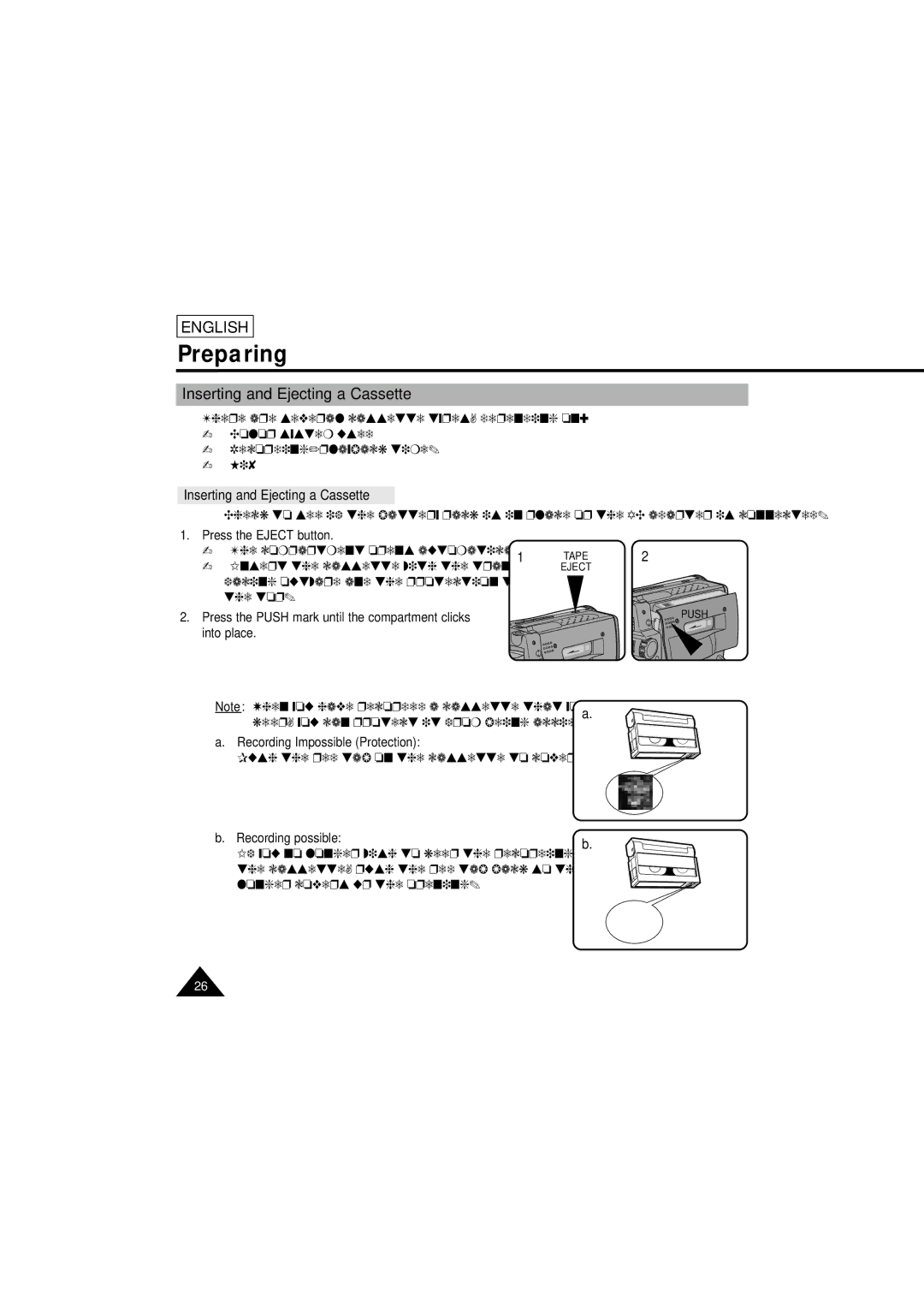 Samsung SCL610 manual Inserting and Ejecting a Cassette, Press the Eject button, Into place Recording Impossible Protection 