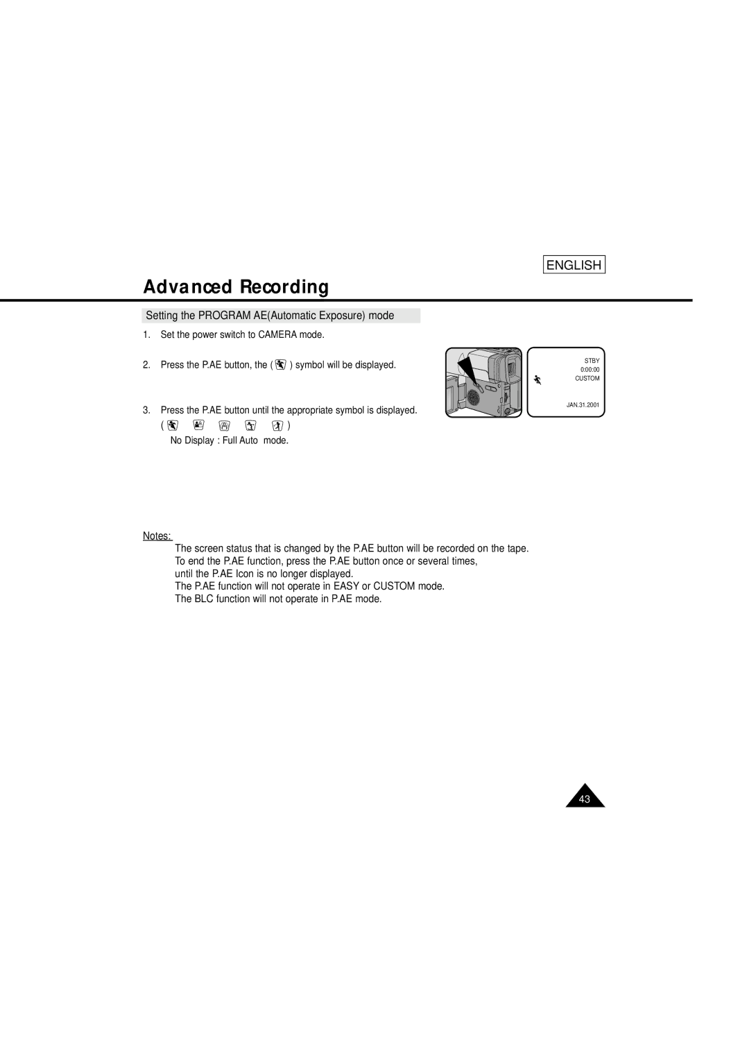 Samsung SCL610 manual Setting the Program AEAutomatic Exposure mode 