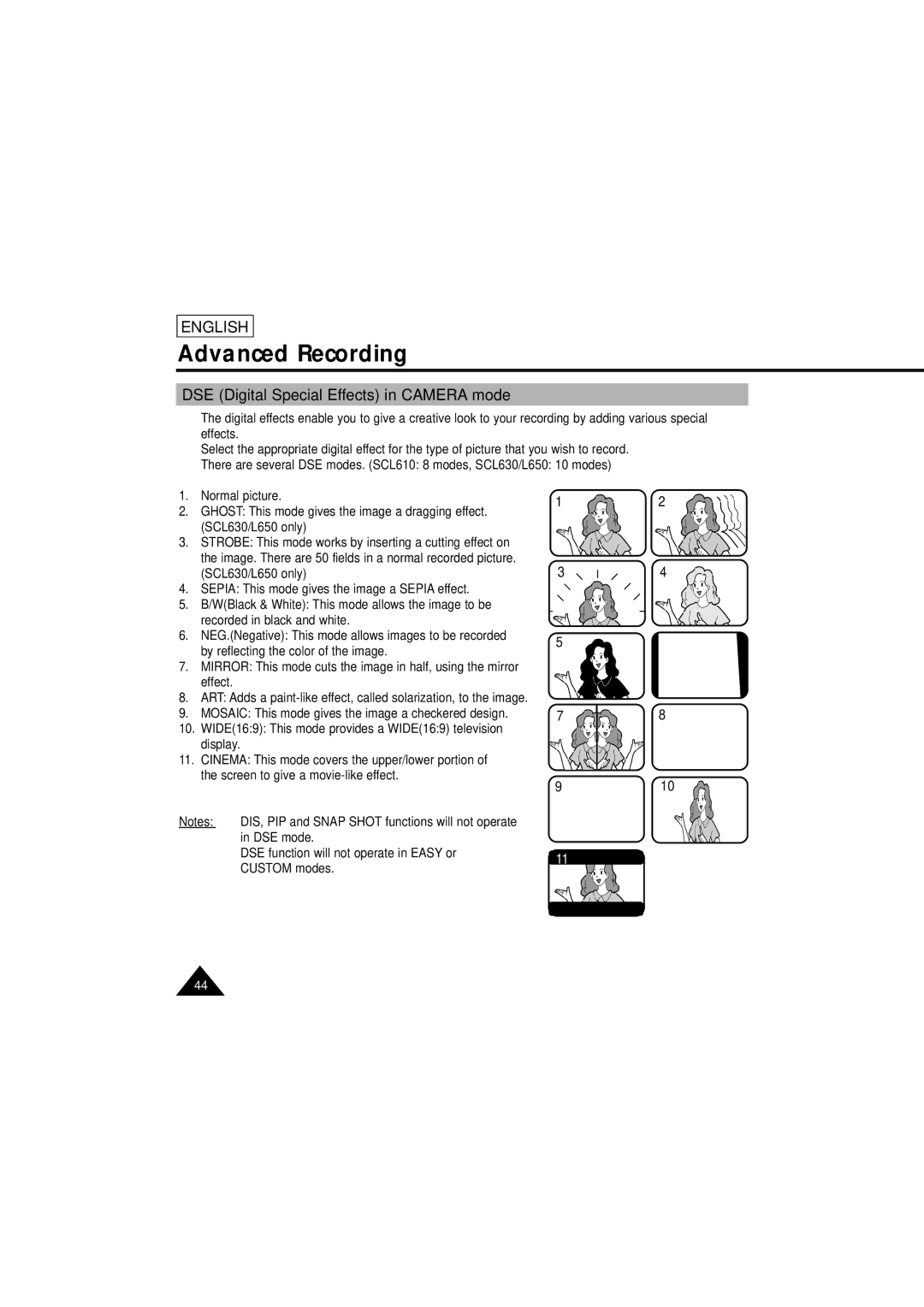 Samsung SCL610 manual DSE Digital Special Effects in Camera mode 