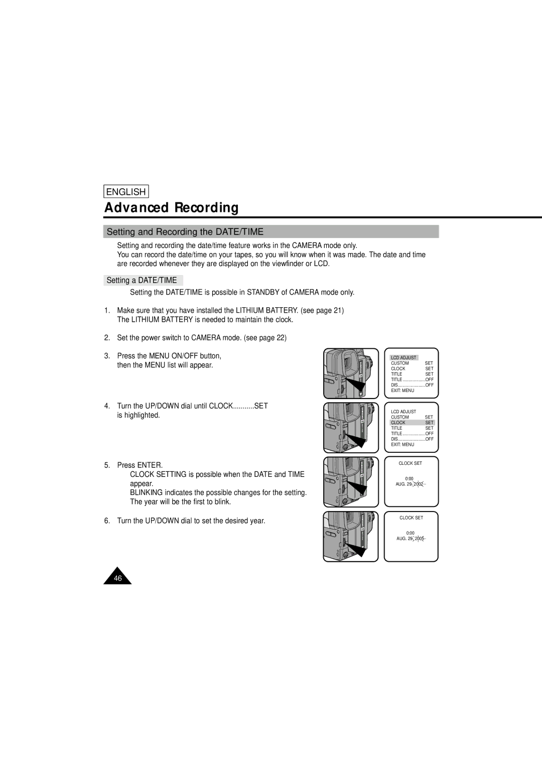 Samsung SCL610 manual Setting and Recording the DATE/TIME, Setting a DATE/TIME 