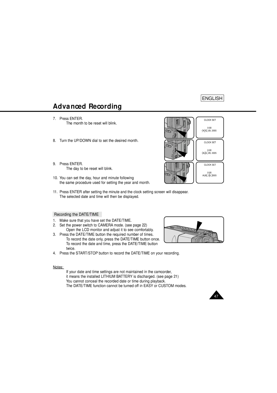 Samsung SCL610 manual Recording the DATE/TIME 