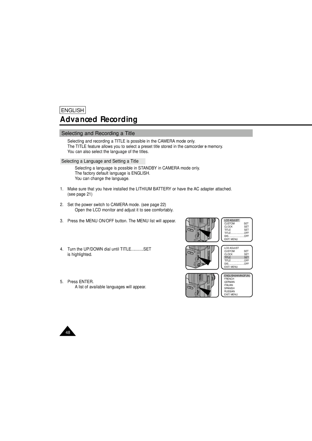 Samsung SCL610 manual Selecting and Recording a Title, Selecting a Language and Setting a Title 