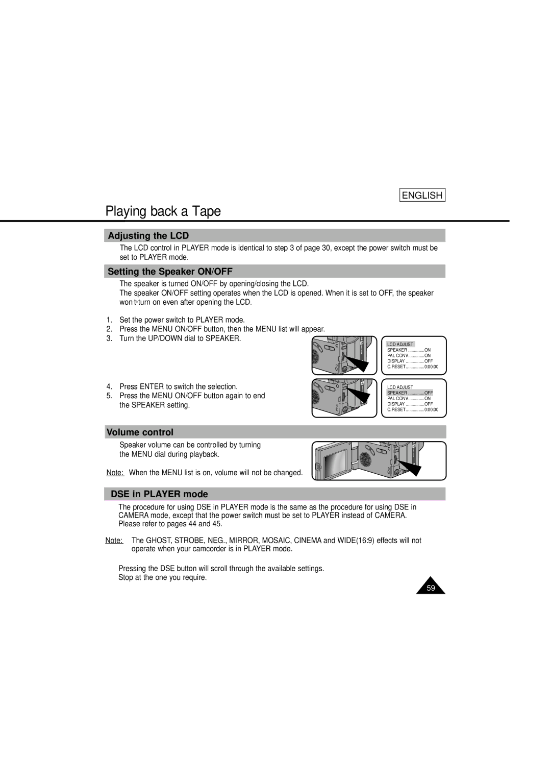 Samsung SCL610 manual Setting the Speaker ON/OFF, Volume control, DSE in Player mode 