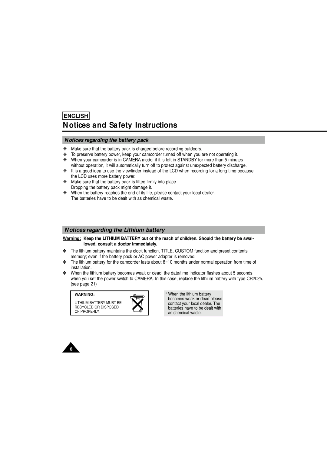 Samsung SCL610 manual Lithium Battery Must be Recycled or Disposed of Properly 