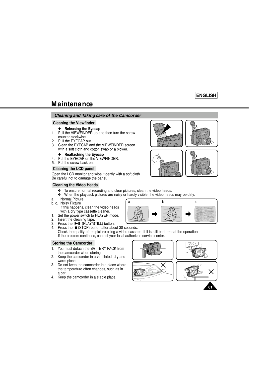 Samsung SCL610 manual Maintenance, Cleaning and Taking care of the Camcorder 