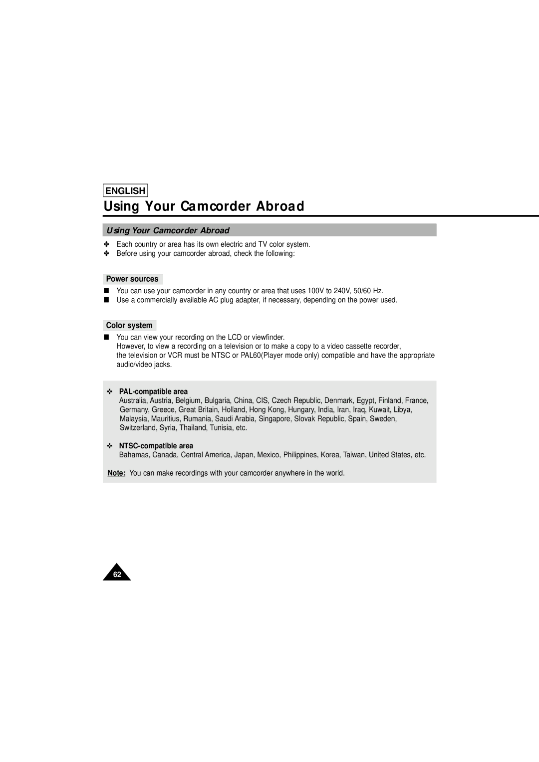 Samsung SCL610 manual Using Your Camcorder Abroad, Power sources, Color system 