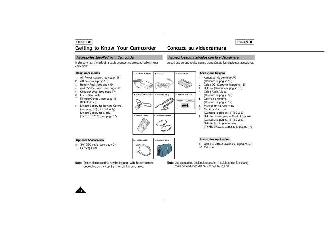 Samsung SCL630, SCL650 manual Basic Accessories, Accesorios básicos, Optional Accessories, Accesorios opcionales 