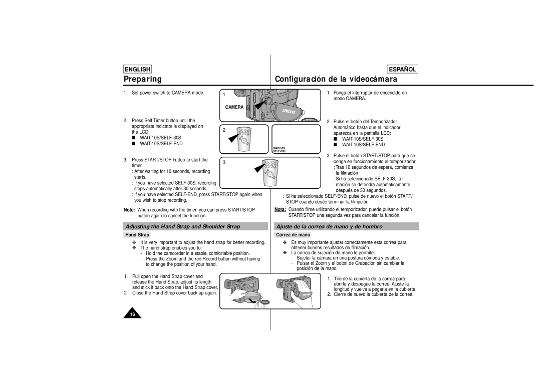 Samsung SCL630 Preparing, Adjusting the Hand Strap and Shoulder Strap, Ajuste de la correa de mano y de hombro, Camera 