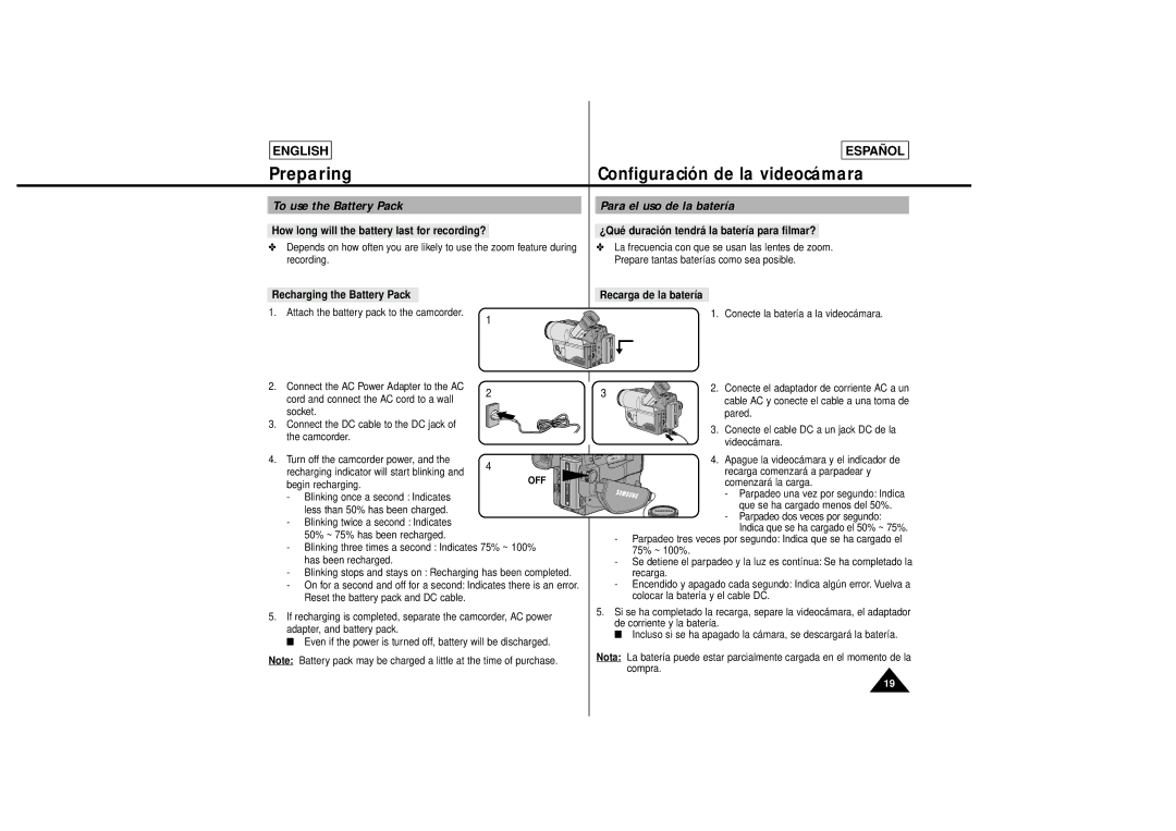 Samsung SCL650, SCL630 manual To use the Battery Pack, Para el uso de la batería 