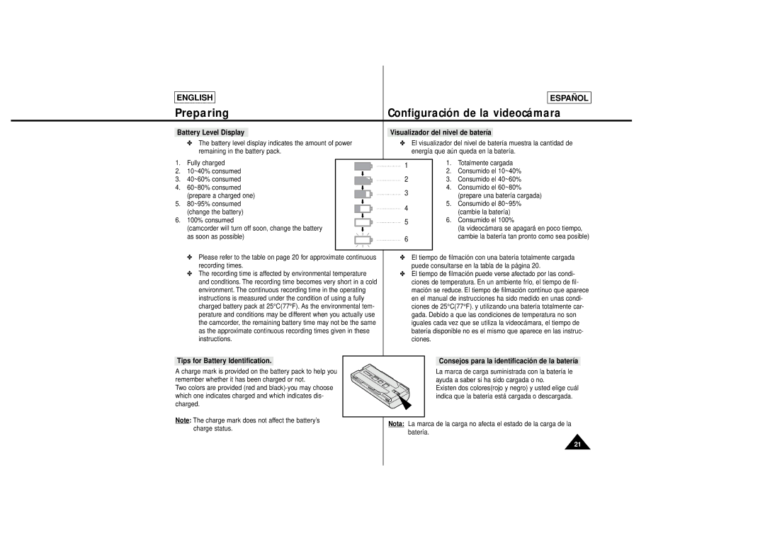 Samsung SCL650, SCL630 manual Battery Level Display, Visualizador del nivel de batería, Tips for Battery Identification 