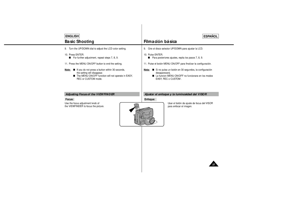 Samsung SCL650, SCL630 manual Adjusting Focus of the Viewfinder, Ajustar el enfoque y la luminosidad del Visor, Enfoque 