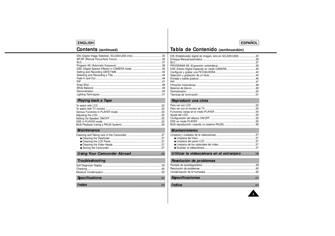 Samsung SCL650, SCL630 manual Tabla de Contenido continuación, Utilizar la videocámara en el extranjero 