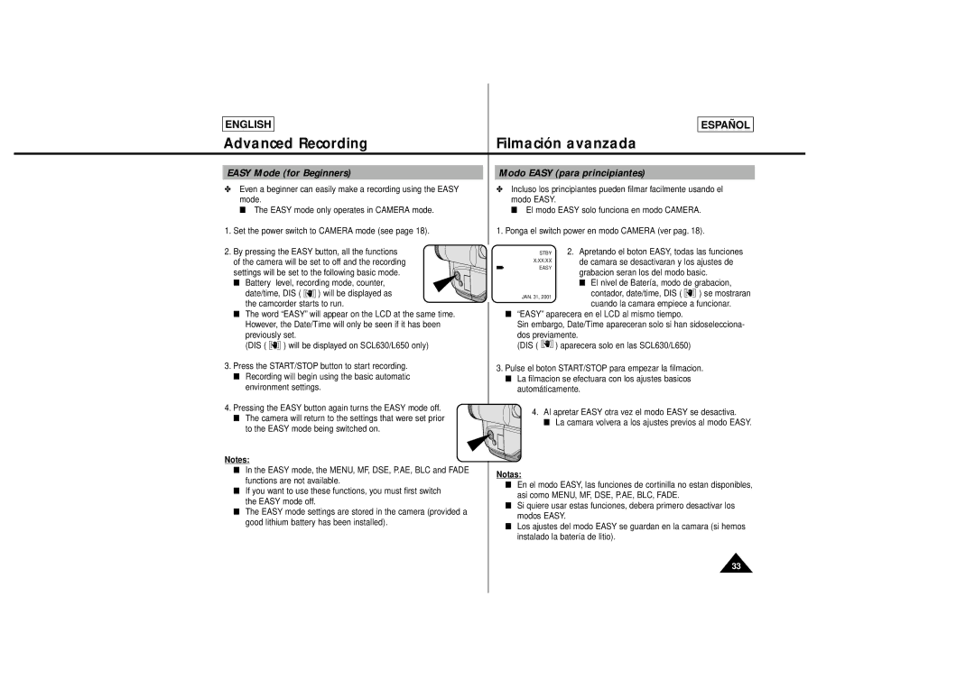 Samsung SCL650, SCL630 manual Advanced Recording, Easy Mode for Beginners, Modo Easy para principiantes 
