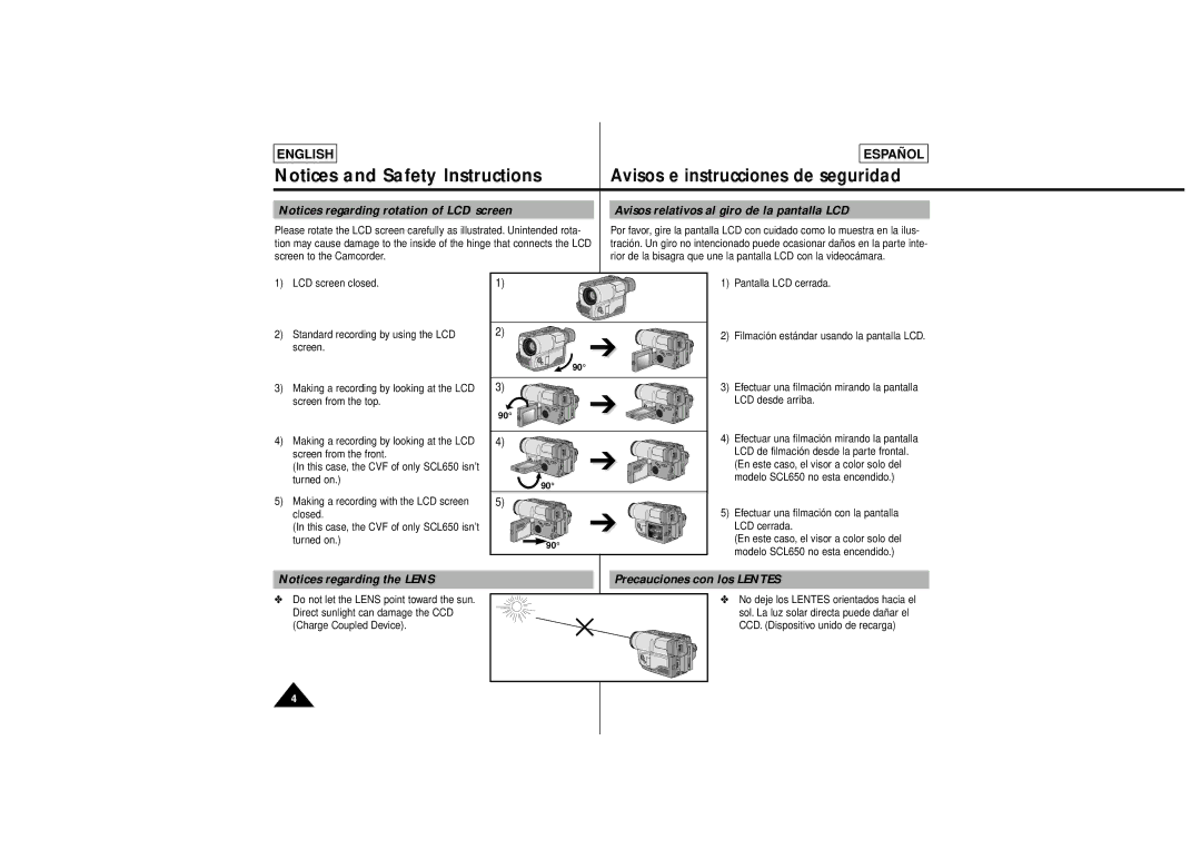 Samsung SCL630, SCL650 manual Safety Instructions, Avisos relativos al giro de la pantalla LCD, Precauciones con los Lentes 